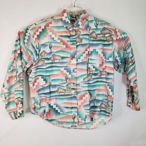 Vtg 80s Western Graphic Button Up Wms L Rafter JX Barrel Racer Buffalo Southwest